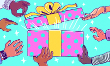 illustration of hands opening a big present