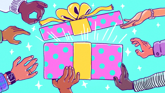 illustration of hands opening a big present