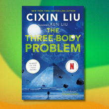 'The Three-Body Problem' book on green and yellow abstract background