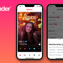 iphones displaying tinder profile and relationship types on red and orange backdrop