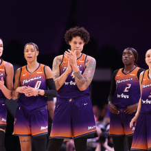 Rebecca Allen #11, Natasha Cloud #0, Brittney Griner #42, Kahleah Copper #2 and Diana Taurasi #3 of the Phoenix Mercury 