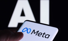 Meta logo on a smartphone in front of a background that reads AI 