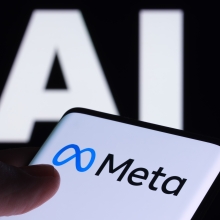 Meta logo on a smartphone in front of a background that reads AI 