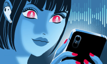 An illustrated woman listens to audio on her phone