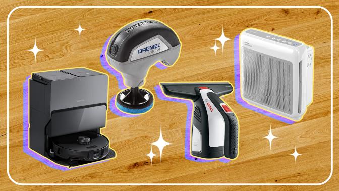 A composite of cleaning gadgets surrounded by sparkles.