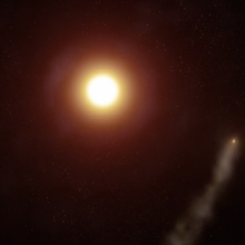 A conception of exoplanet WASP-69b, with a long tail, orbiting its star.