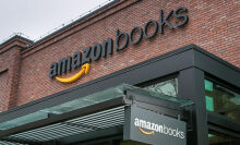 Amazon Books on top of a brick building and awning.