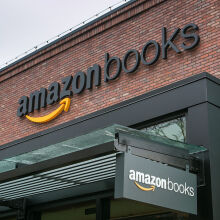 Amazon Books on top of a brick building and awning.