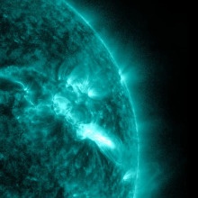  The image shows a subset of extreme ultraviolet light that highlights the extremely hot material in flares, and which is colorized in teal.