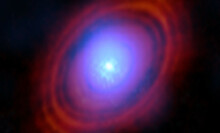 The blue regions show areas where the Atacama Large Millimeter/submillimeter Array (ALMA) detected clear signs of water vapor in a distant star system.
