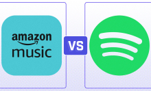 The Amazon Music logo "vs" the Spotify logo.