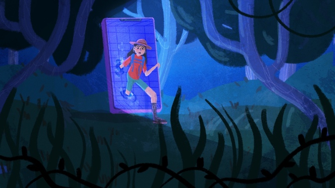 An illustration of a woman stepping out of a smartphone screen into a dark forest. 