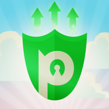 Illustration of the PureVPN logo in front of clouds. 