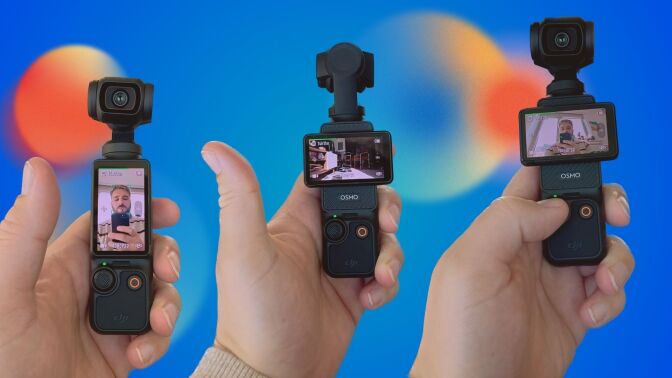 three cut-out pictures of dji osmo pocket in hand on blue background