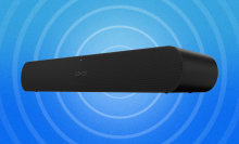 black sonos ray soundbar against blue background