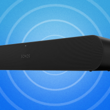 black sonos ray soundbar against blue background