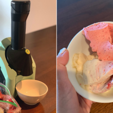 left: machine, bowl, bags of fruit. right: bowl of frozen fruit "ice cream"