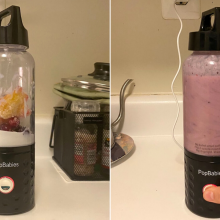 left: blender with ingredients, right: blender with blended smoothie