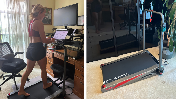 Two side-by-side images of the author using the Egofit under-desk treadmill and the actual treadmill standing on the floor.