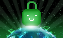 Illustration of a smiling green padlock above WiFi symbols radiating from Earth. 