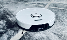 close-up view of the roborock s8+ cleaning a carpet