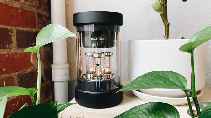 clear glass speaker sitting on shelf surrounded by plants