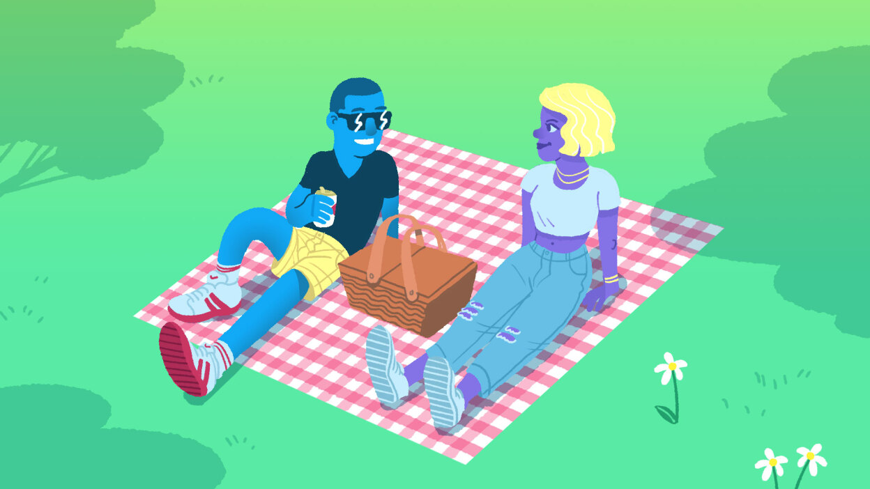 illustration of couple sitting on picnic blanket in park