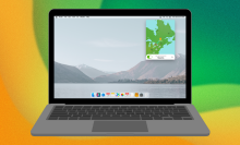 a mockup of the tunnelbear app on a cartoon macbook against a yellow and green abstract background