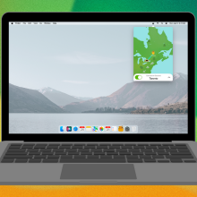 a mockup of the tunnelbear app on a cartoon macbook against a yellow and green abstract background