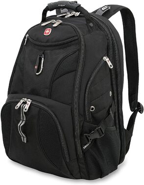 Black backpack with red swissgear logo