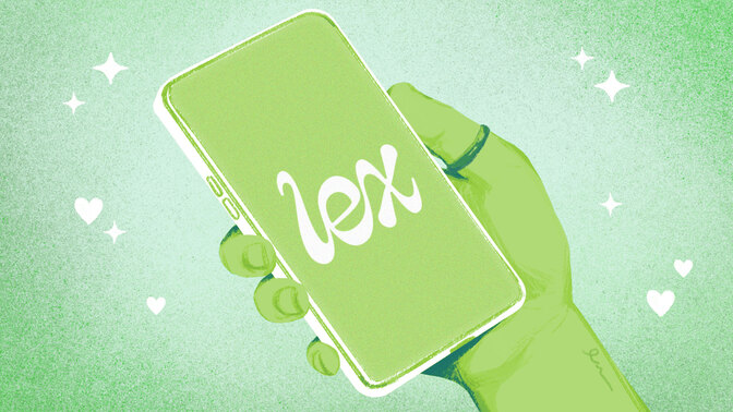 A drawn hand holding a phone with the Lex logo