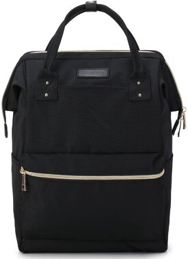 Black backpack with gold hardware and front horizontal zipper