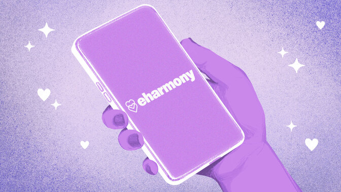 A drawn hand holding a phone with the eharmony logo 