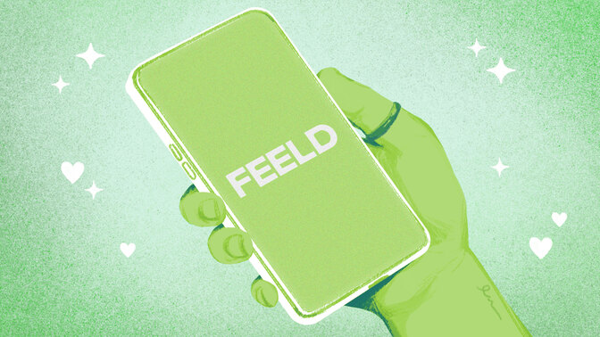 A drawn hand holding a phone with the Feeld logo