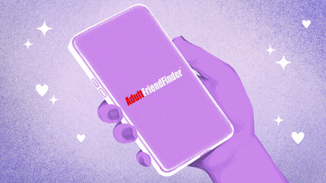 A drawn hand holding a phone with the AdultFriendFinder logo 