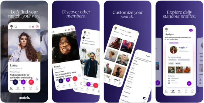 Four views of match dating app