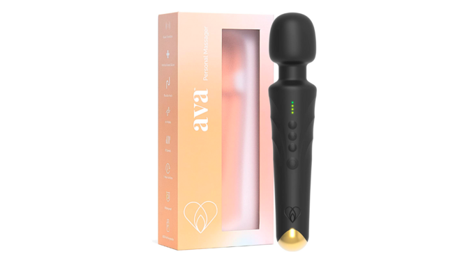 a black AVA Premium Personal Massager next to its packaging