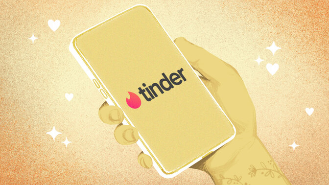 A drawn hand holding a phone with the Tinder logo 