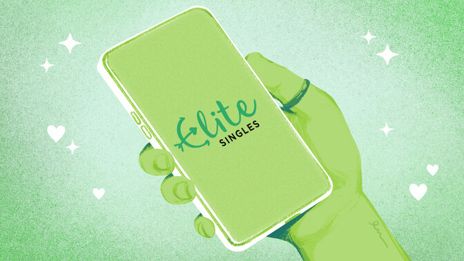 A drawn hand holding a phone with the elite singles logo 