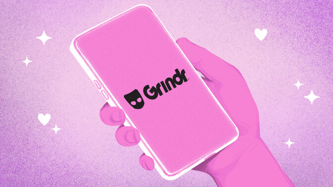 A drawn hand holding a phone with the Grindr logo