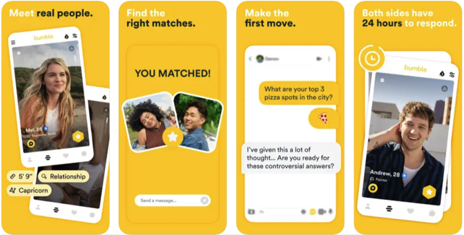 Four views of Bumble app