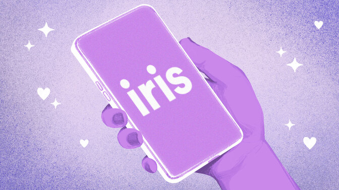 A drawn hand holding a phone with the Iris logo