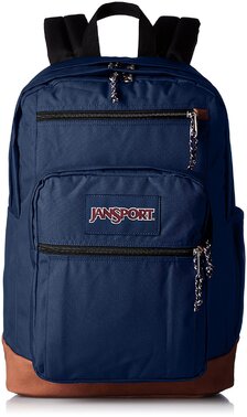 Blue Jansport backpack with black straps and brown bottom