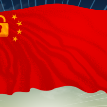 Stylized illustration of a Chinese flag with the large star replaced by a padlock. 