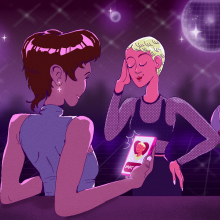 illustration of two women meeting at a bar