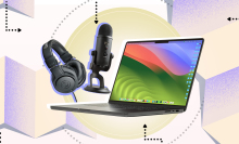 A laptop, microphone, and headphones on a colorful graphic background.