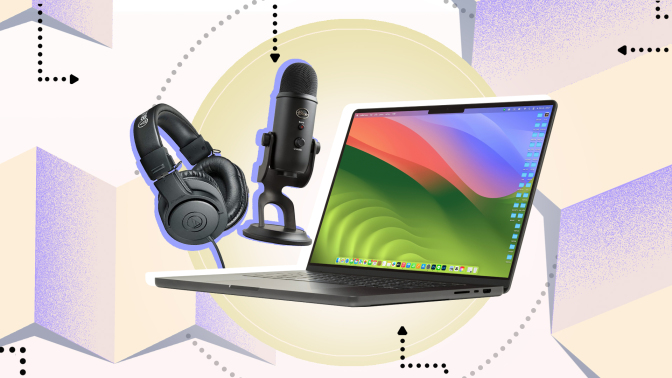 A laptop, microphone, and headphones on a colorful graphic background.