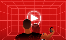 Illustration of two people watching a red screen overlaid with a grid and a play symbol in the center of the image. 