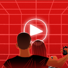 Illustration of two people watching a red screen overlaid with a grid and a play symbol in the center of the image. 