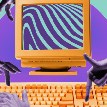 Human hands typing on vintage computer against mint background